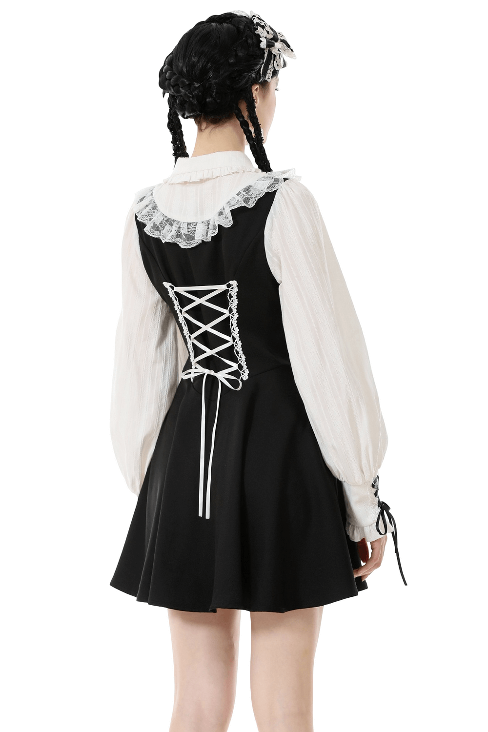 Unique Black and White Dress with Lace Collar and Bows featuring ruffled accents and lace-up back.