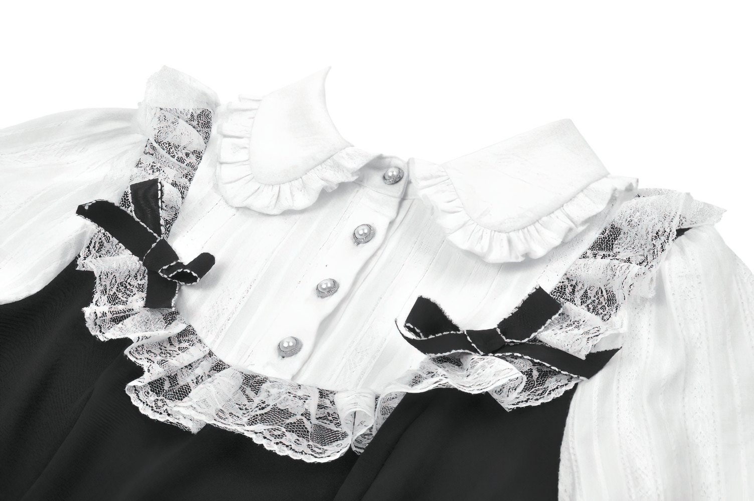 Unique Black and White Dress with Lace Collar and Bows, featuring lace trim, decorative bows, and a ruffled neckline.