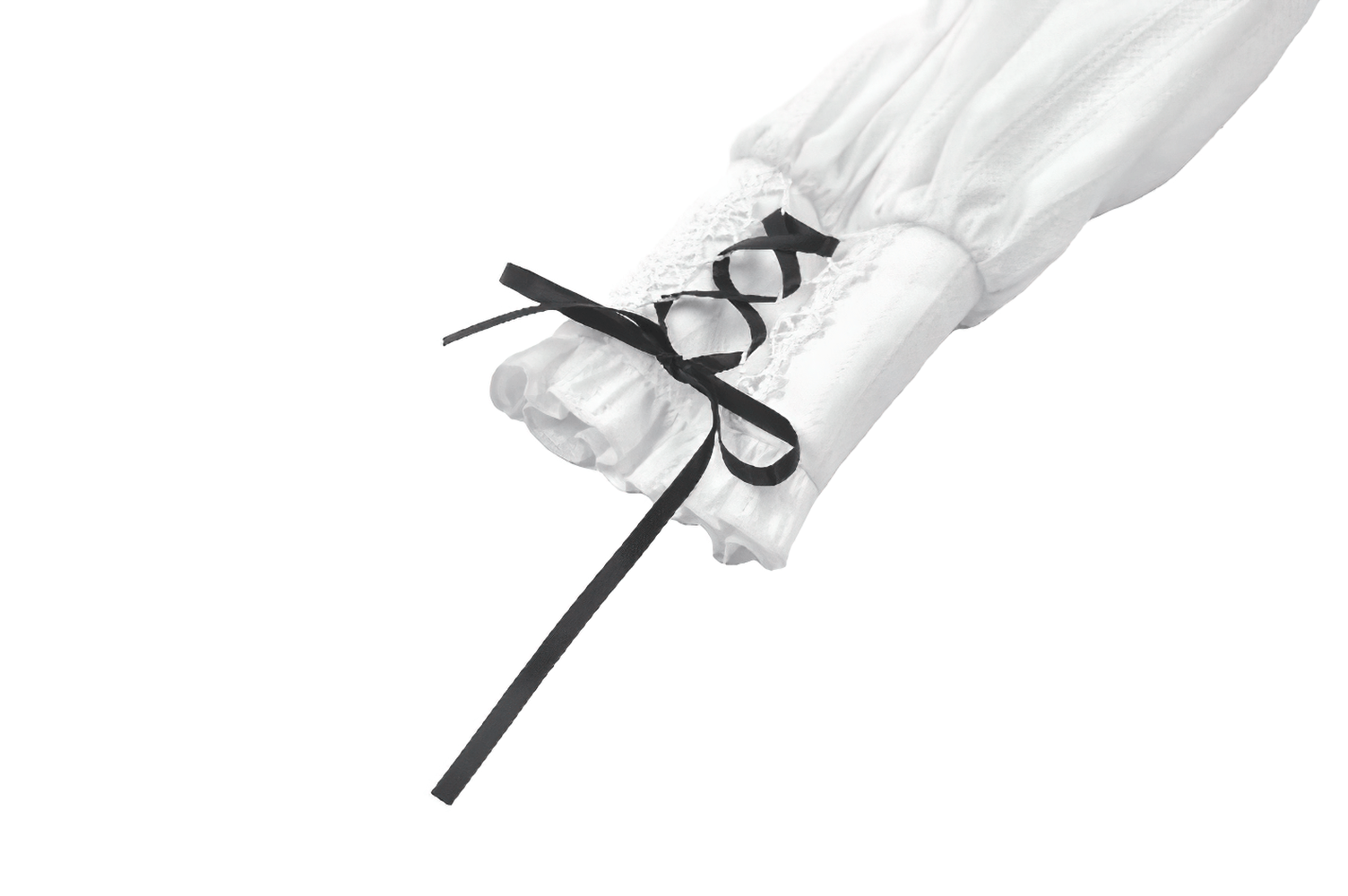 Unique Black and White Dress with Lace Collar and Bows long sleeve detail with lace trim and black bows.