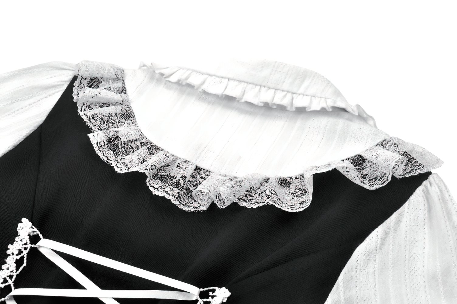 Unique Black and White Dress with Lace Collar and Bows featuring intricate lace trim and ruffled details.