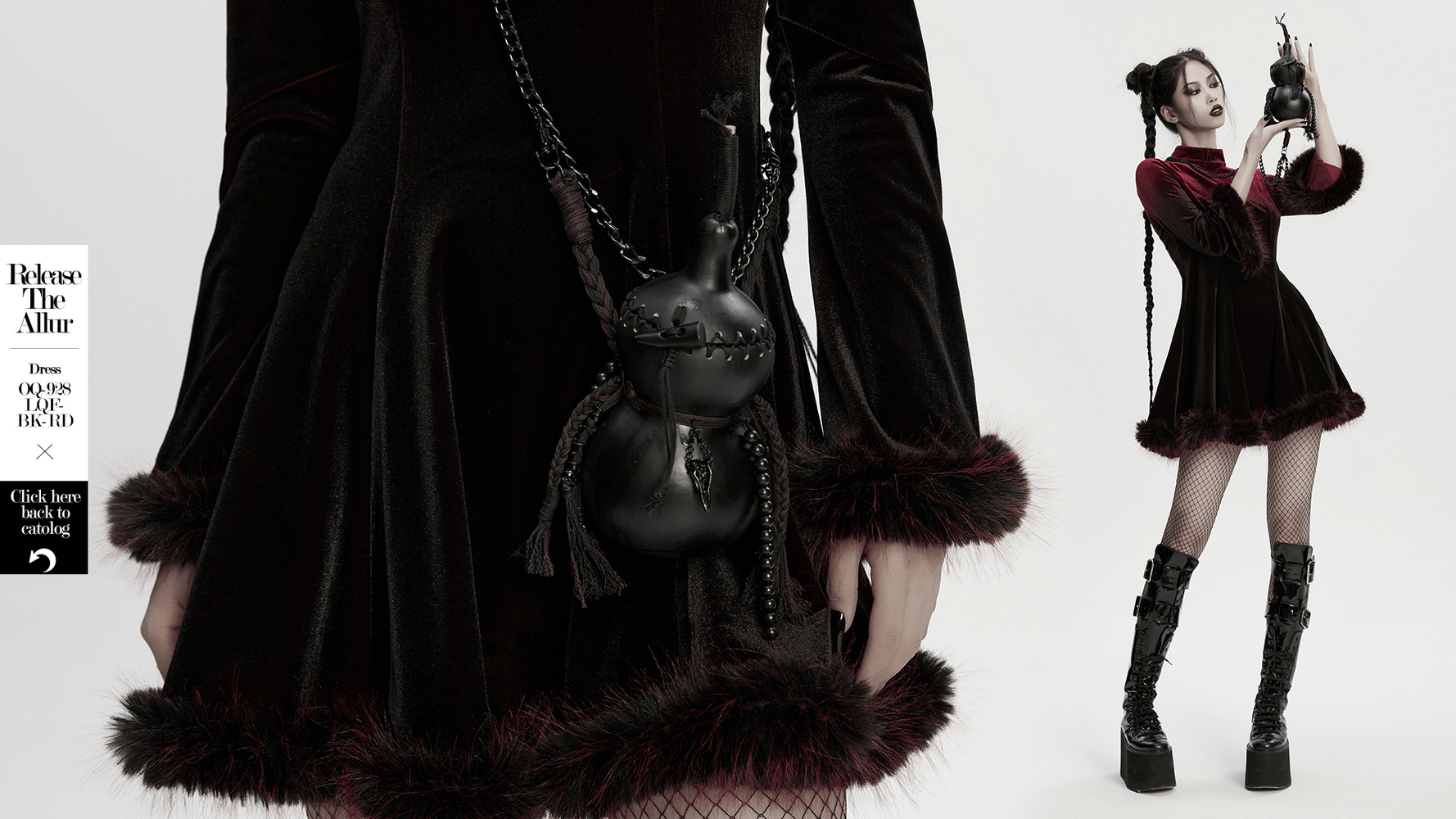 Unique Black Crossbody Mini Bag with Chains and Tassels worn with a gothic dress, showcasing its bold alternative style.