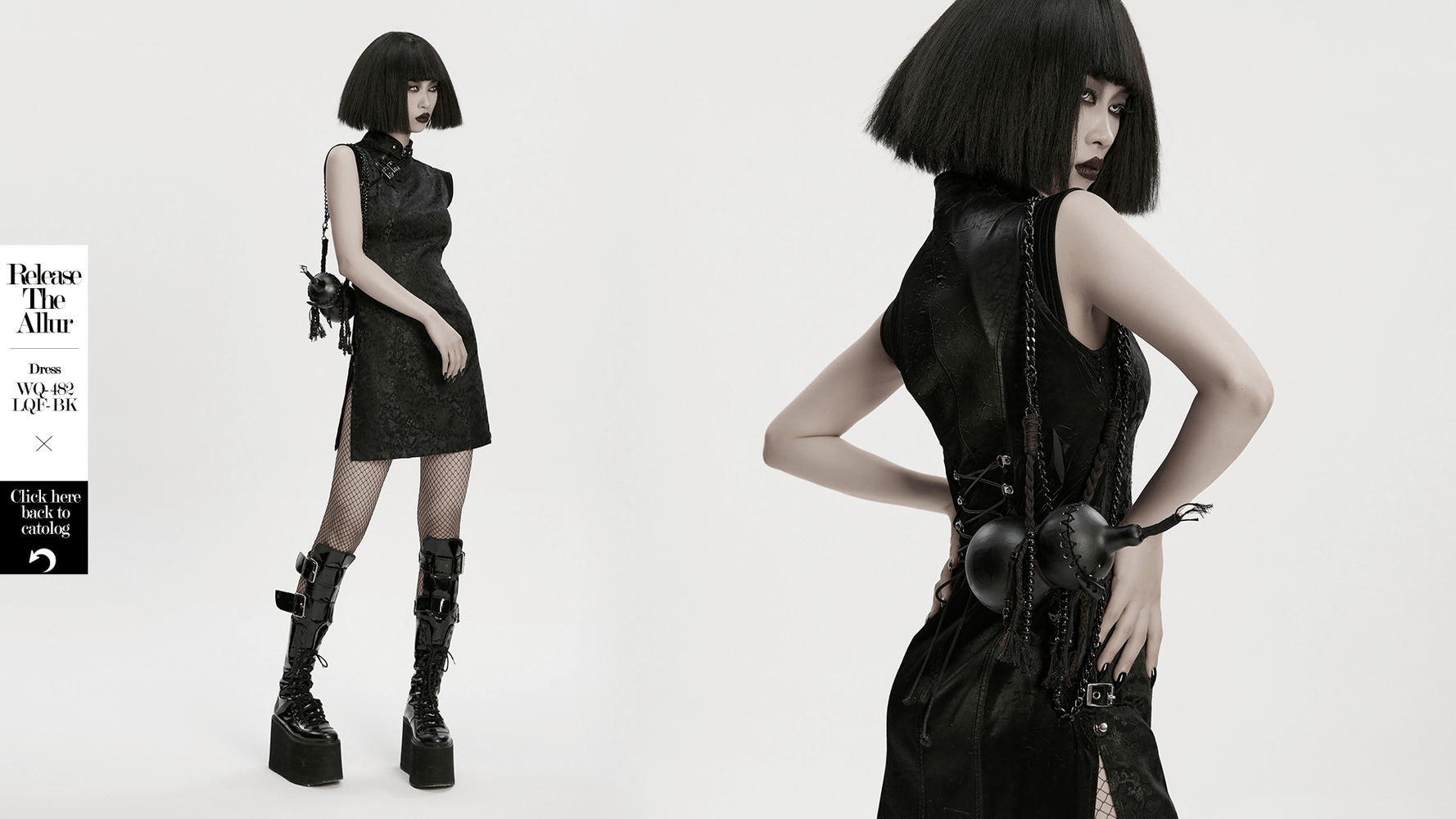 Unique Black Crossbody Mini Bag with Chains and Tassels worn in a stylish goth outfit.