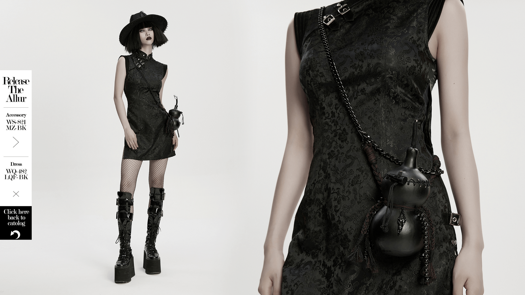 Unique Black Crossbody Mini Bag with Chains and Tassels worn by model in gothic style outfit.