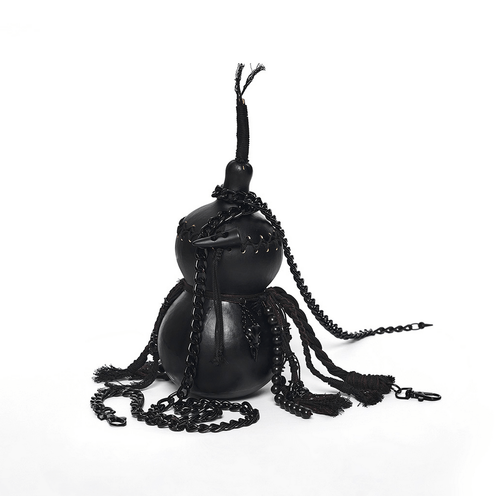 Unique Black Crossbody Mini Bag with Chains and Tassels featuring metal chains and tassels for a bold gothic style.