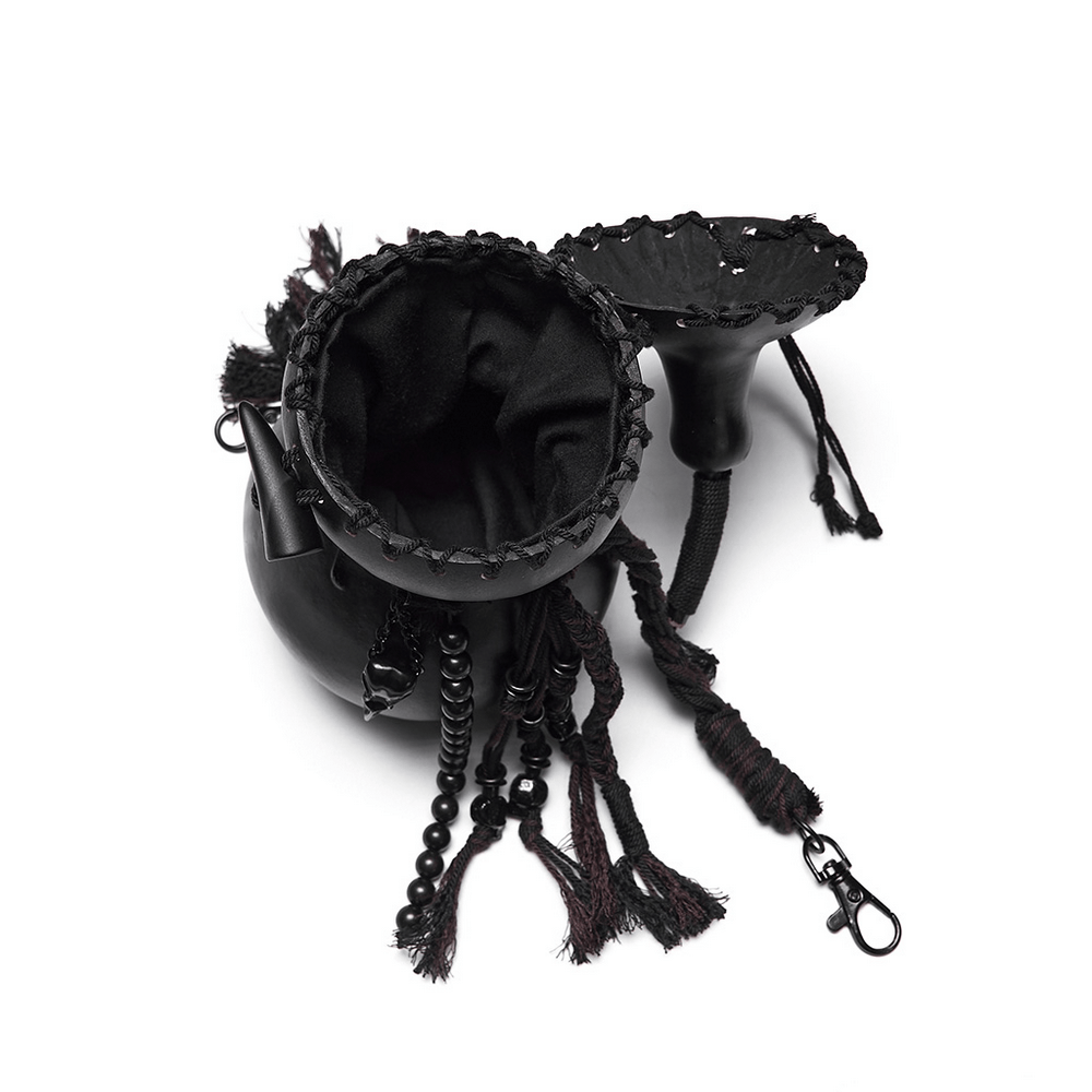 Unique Black Crossbody Mini Bag with Chains and Tassels featuring tassels and metal chains.