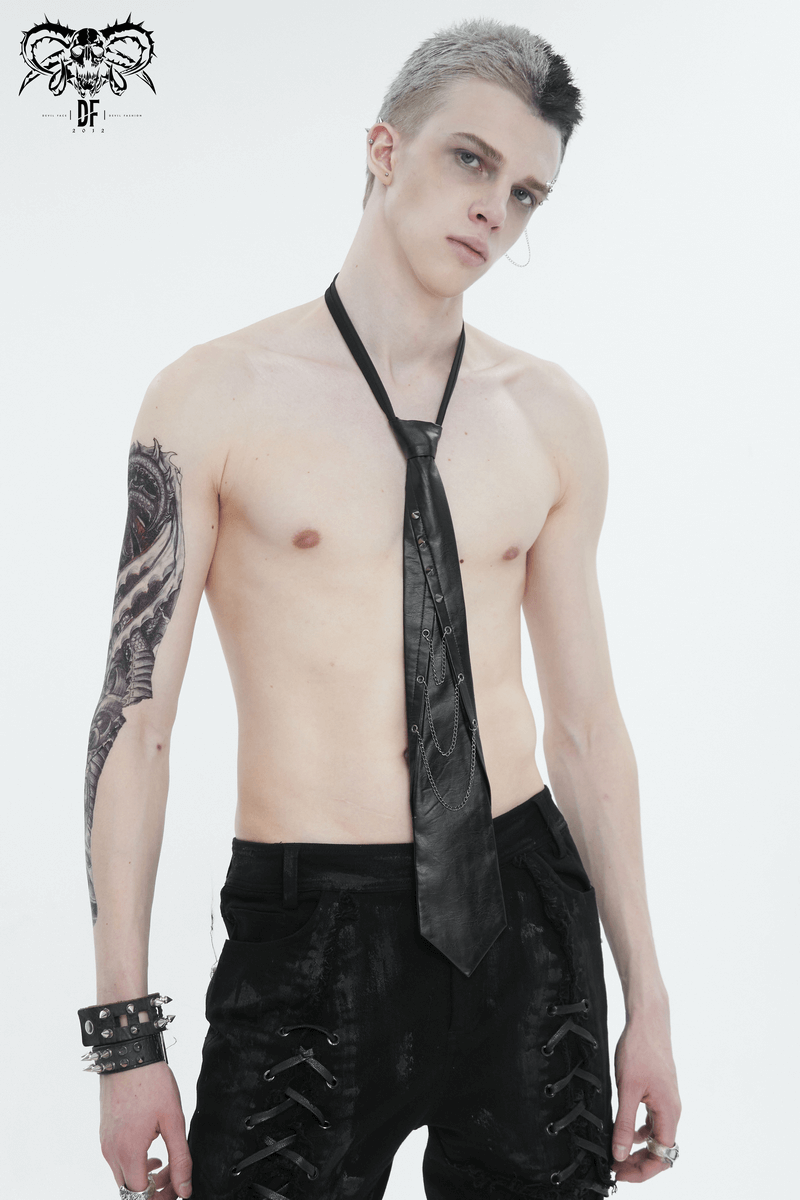 Unique black male necktie with spikes and chains for men in punk style, edgy fashion statement.
