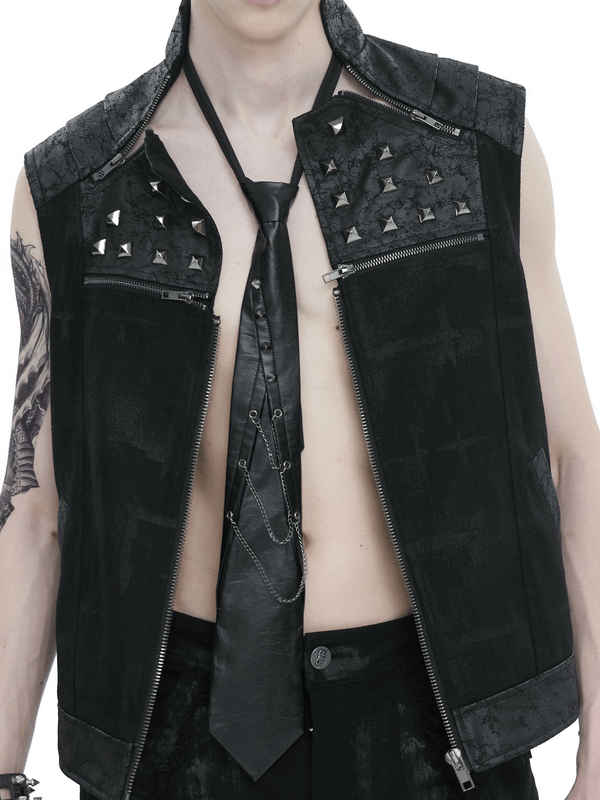 Punk-style men's vest with spike rivets and a black necktie featuring chains, showcasing edgy fashion.