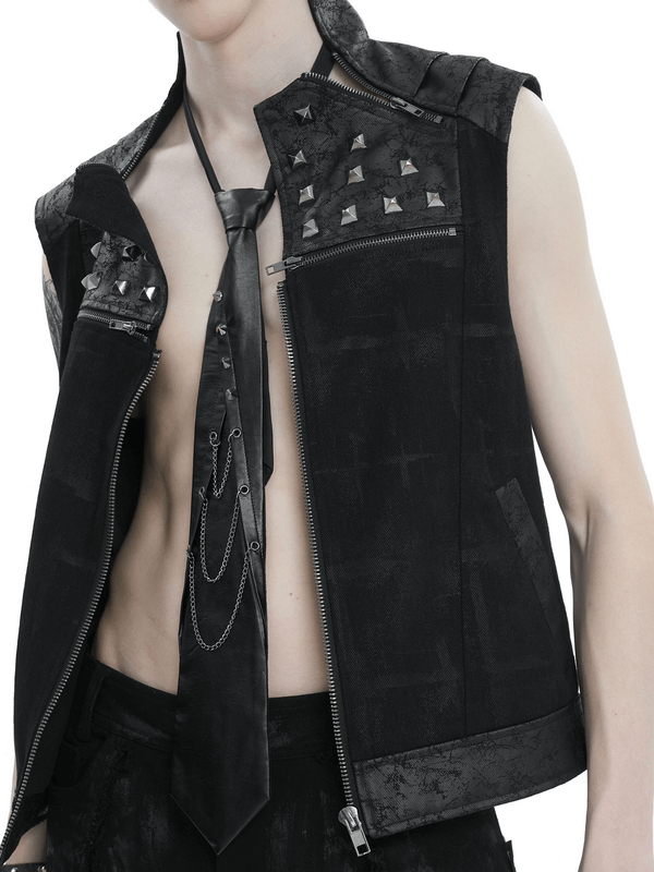 Black punk-style vest with spike rivets paired with a unique necktie featuring chains.