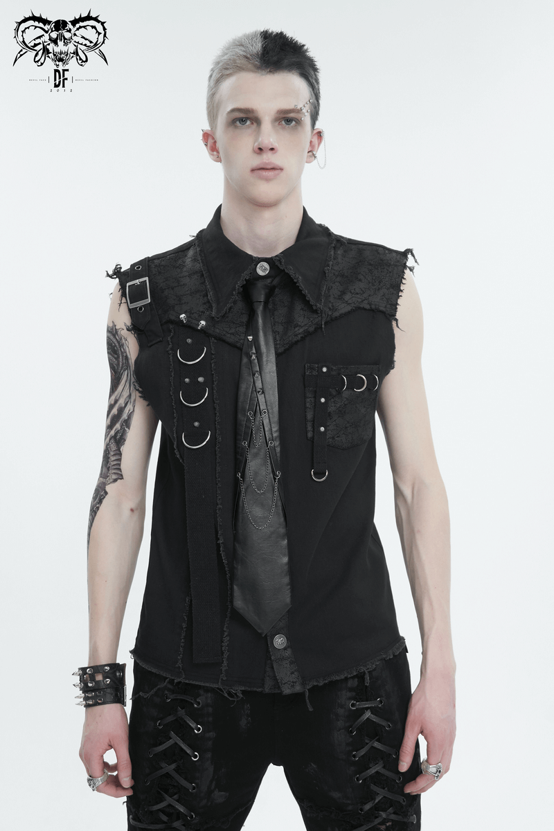 Punk-style model showcasing a black necktie with spikes and chains, exuding edgy confidence in a unique outfit.