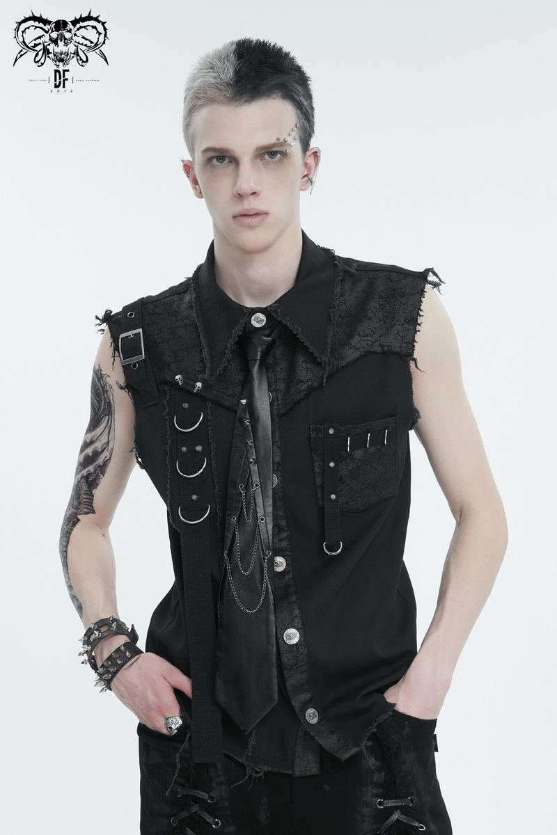 Edgy punk male model showcasing a unique necktie with chains and spike rivets, styled in alternative fashion.