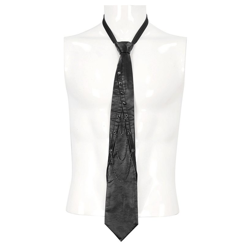 Unique black punk necktie with spike rivets and chains, perfect for edgy men's fashion.