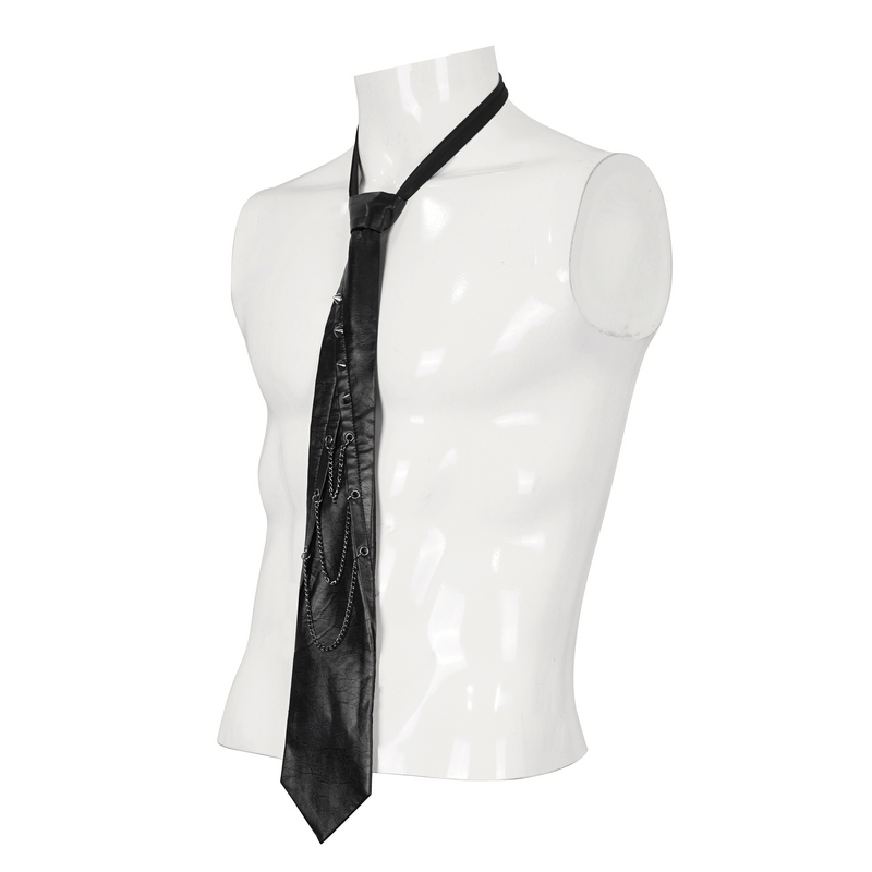 Unique black male necktie with spikes and chains, showcasing punk style on a mannequin.