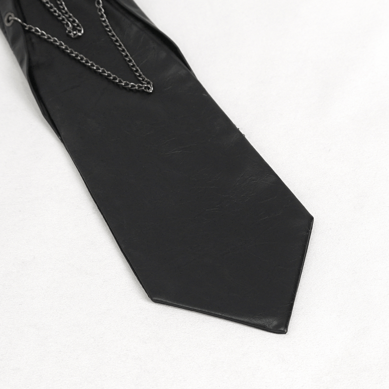 Unique black male necktie with spike rivets and chains, embodying punk style and edgy fashion.