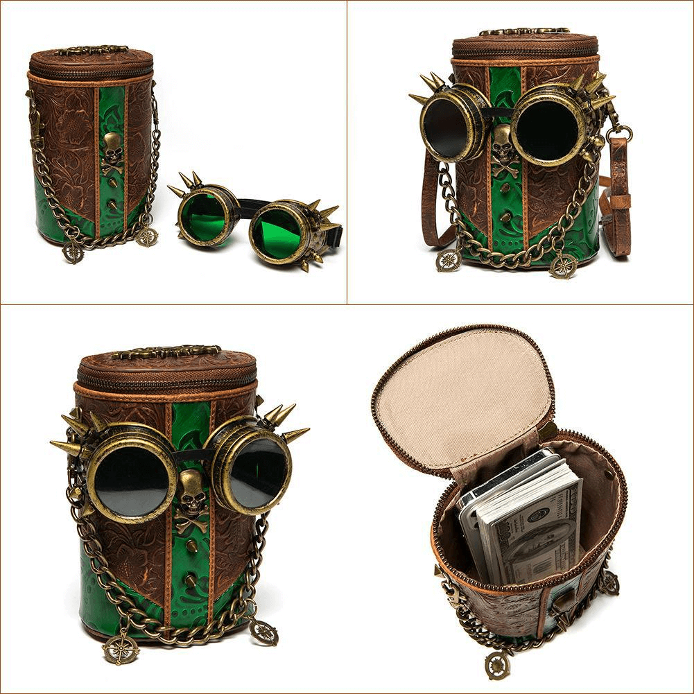 Unique Design Leather Bucket Bag With Goggles / Vintage Rivets Chain Crossbody Bag - HARD'N'HEAVY