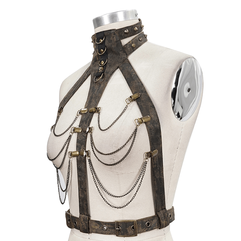Unique gothic body harness with metal chains and bronze fittings, perfect vintage accessory for women.