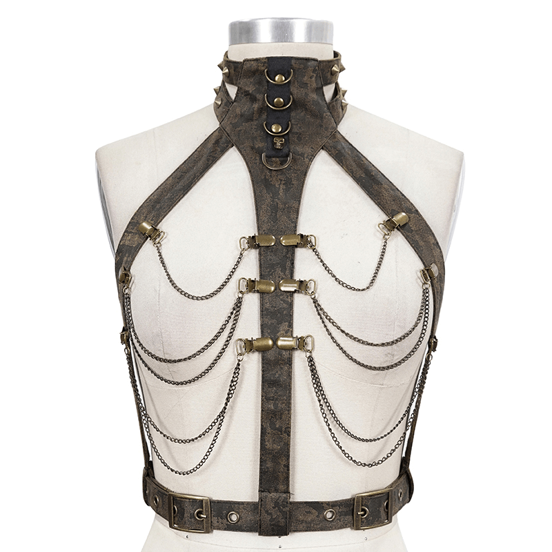 Unique gothic body harness with metal chains, vintage leather style for women, elegant chest accessory.