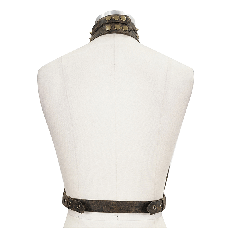 Back view of a unique gothic leather body harness with bronze fittings, perfect for vintage style enthusiasts.
