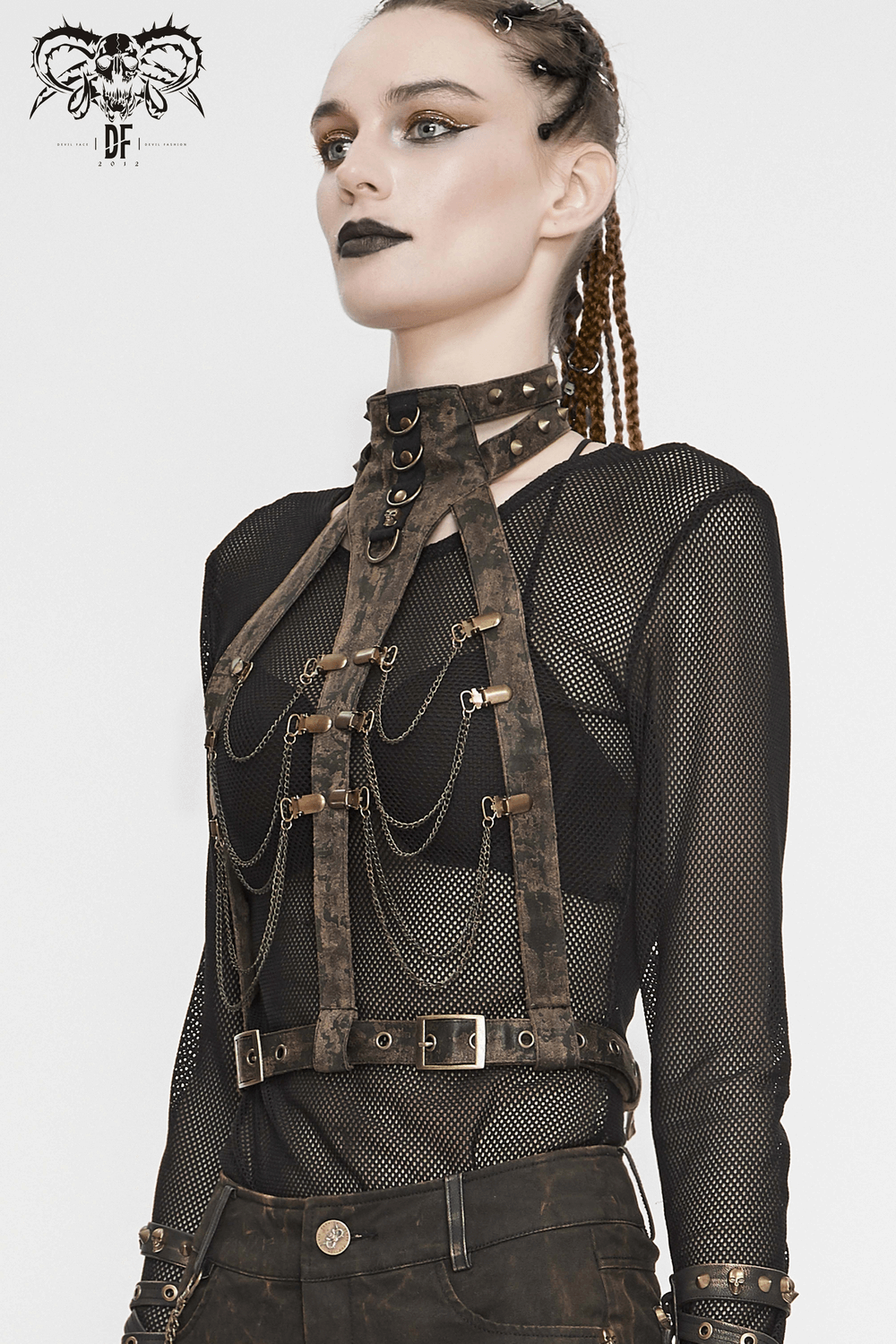 Unique Gothic body harness with metal chains worn by model, featuring elegant vintage design and bronze fittings.