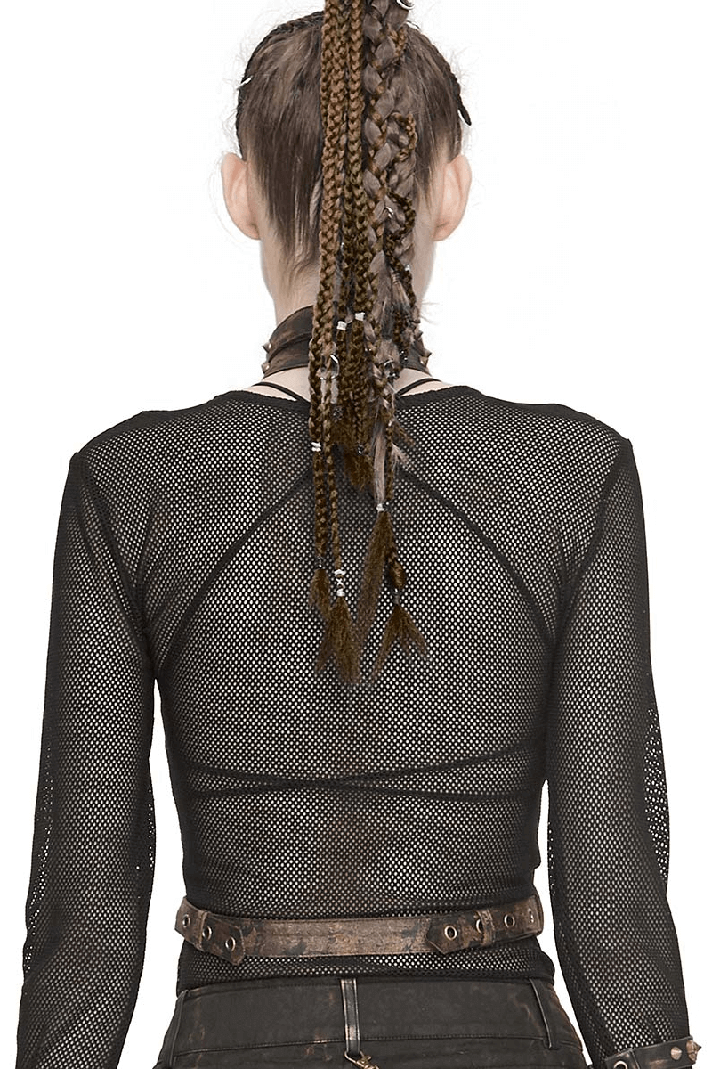 Back view of a woman in a mesh top wearing a unique gothic body harness with metal chains showcasing vintage style.