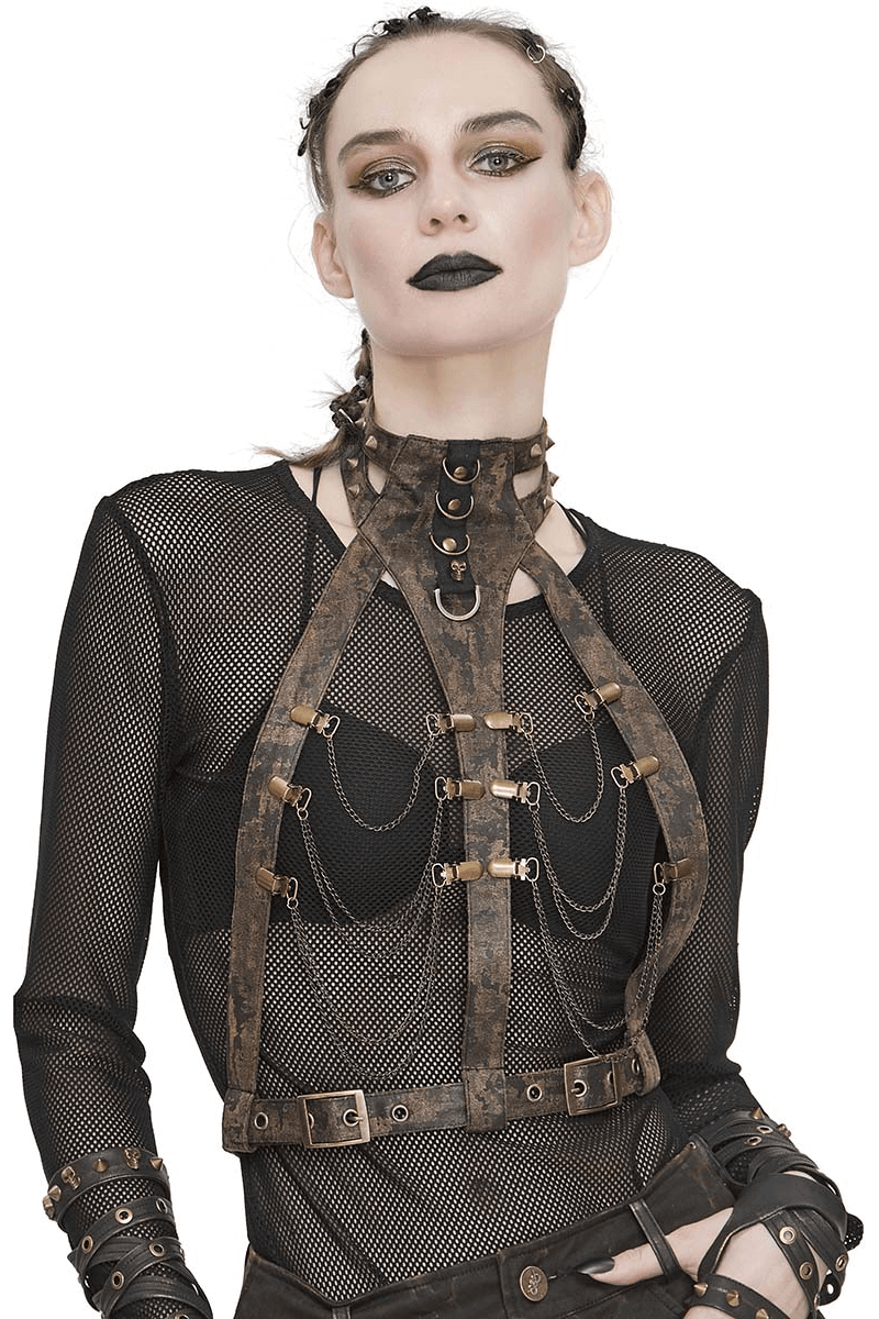 Unique Gothic body harness with metal chains, vintage style leather top for an elegant witchy look.