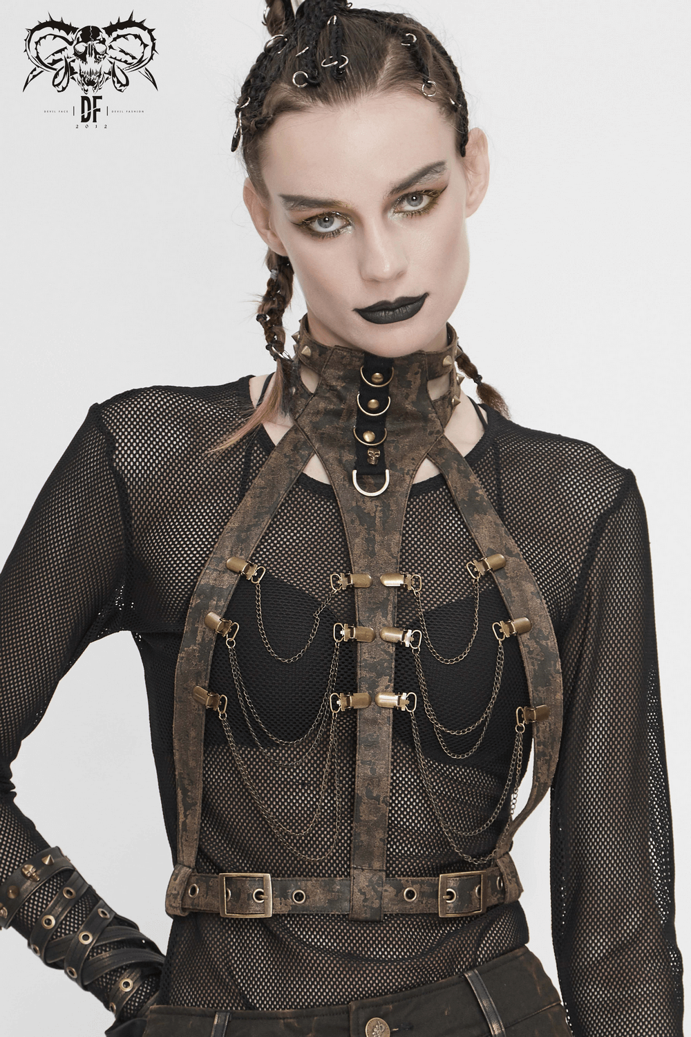 Unique Gothic body harness with metal chains on a model, showcasing a vintage style perfect for empowering looks.