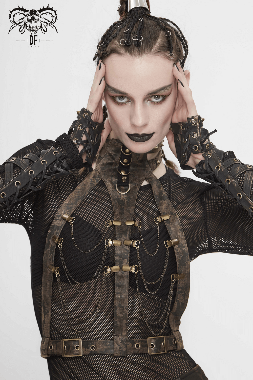 Stylish women’s gothic body harness with metal chains, showcasing a vintage aesthetic and elegant bronze fittings.