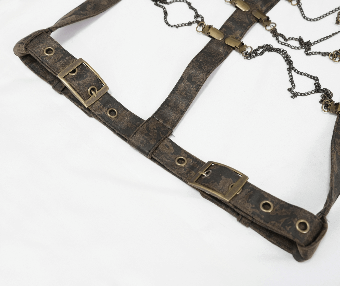Unique gothic body harness with metal chains and bronze fittings, vintage leather style for women.