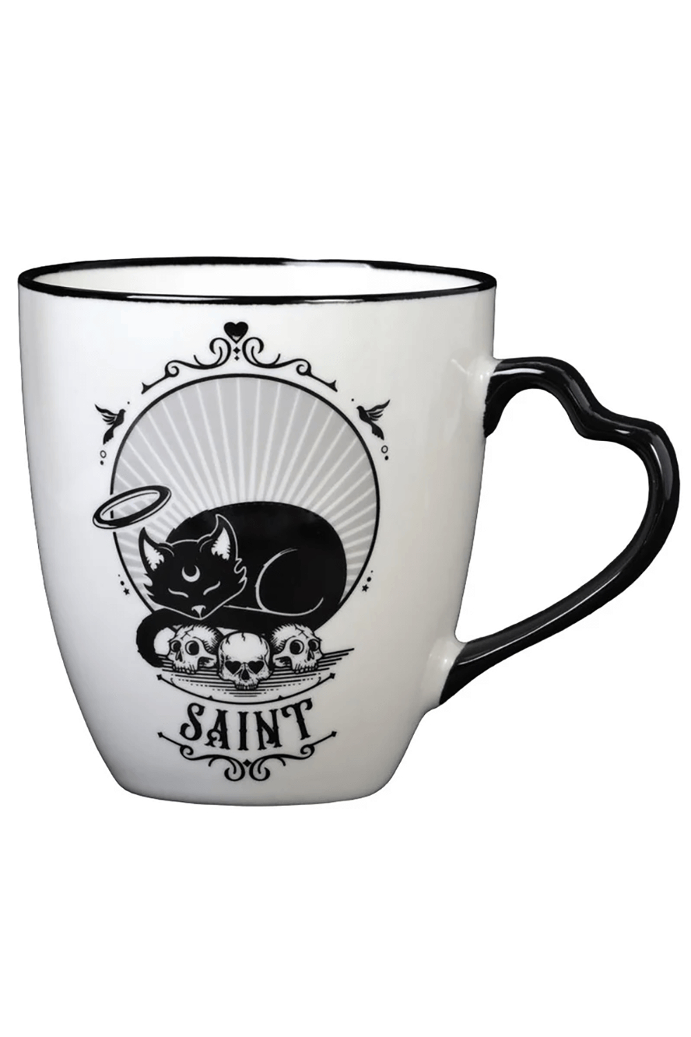 Gothic cat saint mug with unique artwork, perfect for coffee lovers who appreciate dark art and whimsical design.