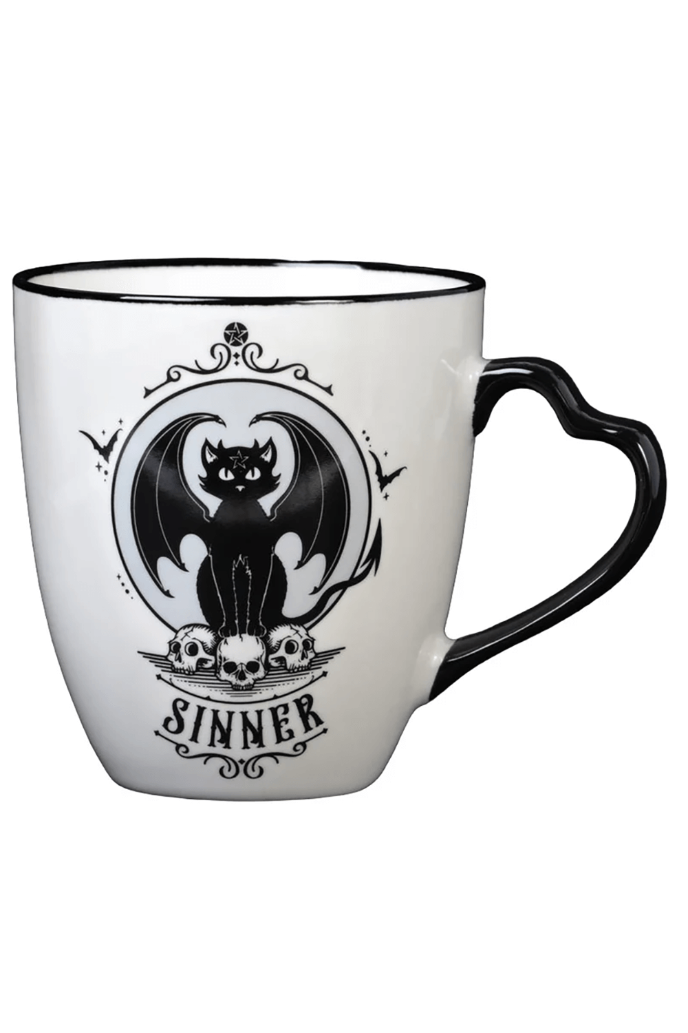 Gothic Sinner Cat Mug with heart handle, featuring Alchemy artwork and skulls, perfect for cat lovers.