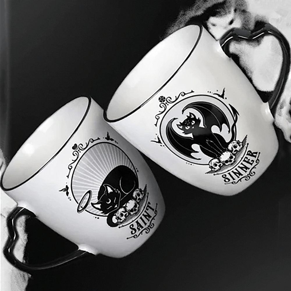 Gothic cat saint and sinner couple mug set featuring unique Alchemy artwork on fine bone china.