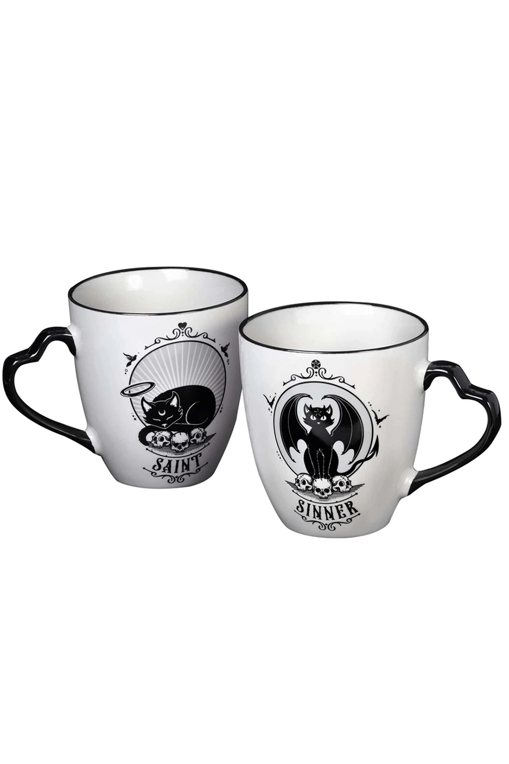 Unique gothic cat saint and sinner couple mug set, featuring fine bone china with playful artwork, perfect for gifts.