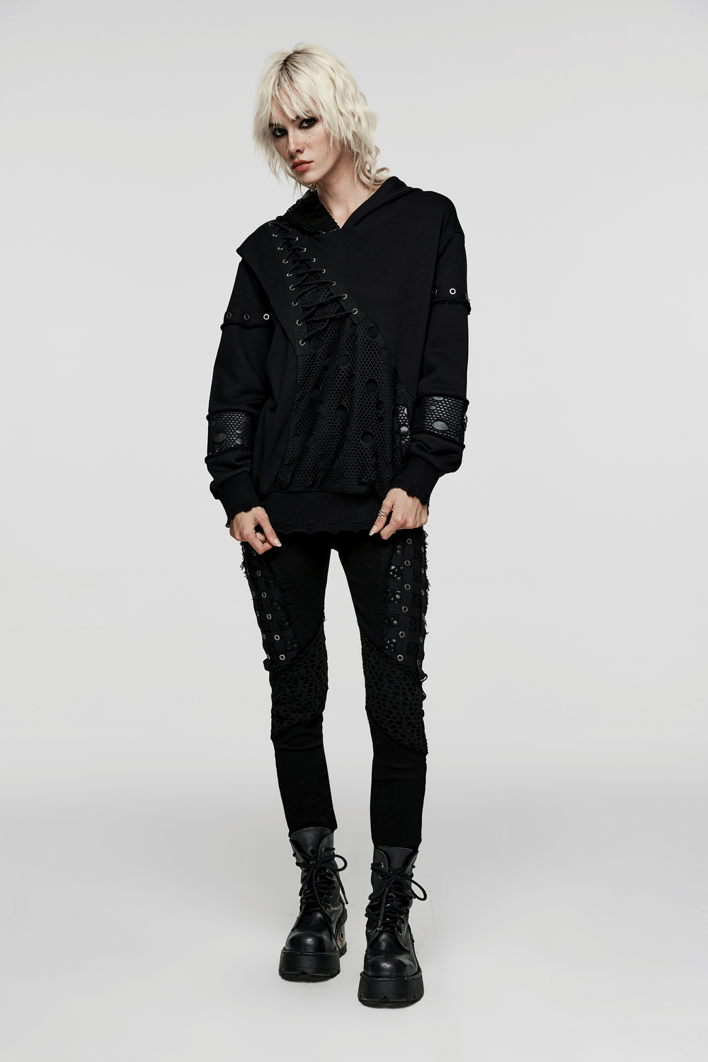 Trendy gothic hoodie with unique design, featuring studded details and a relaxed fit, perfect for dark style enthusiasts.