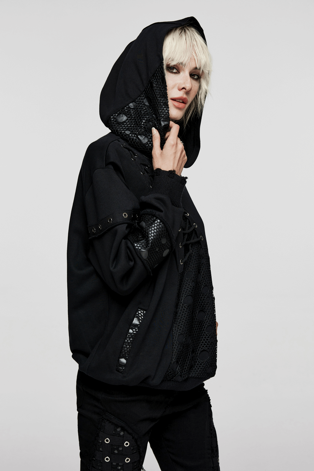 Gothic simple hoodie with cross print and coffin buckle, showcasing dark style and comfortable fit.