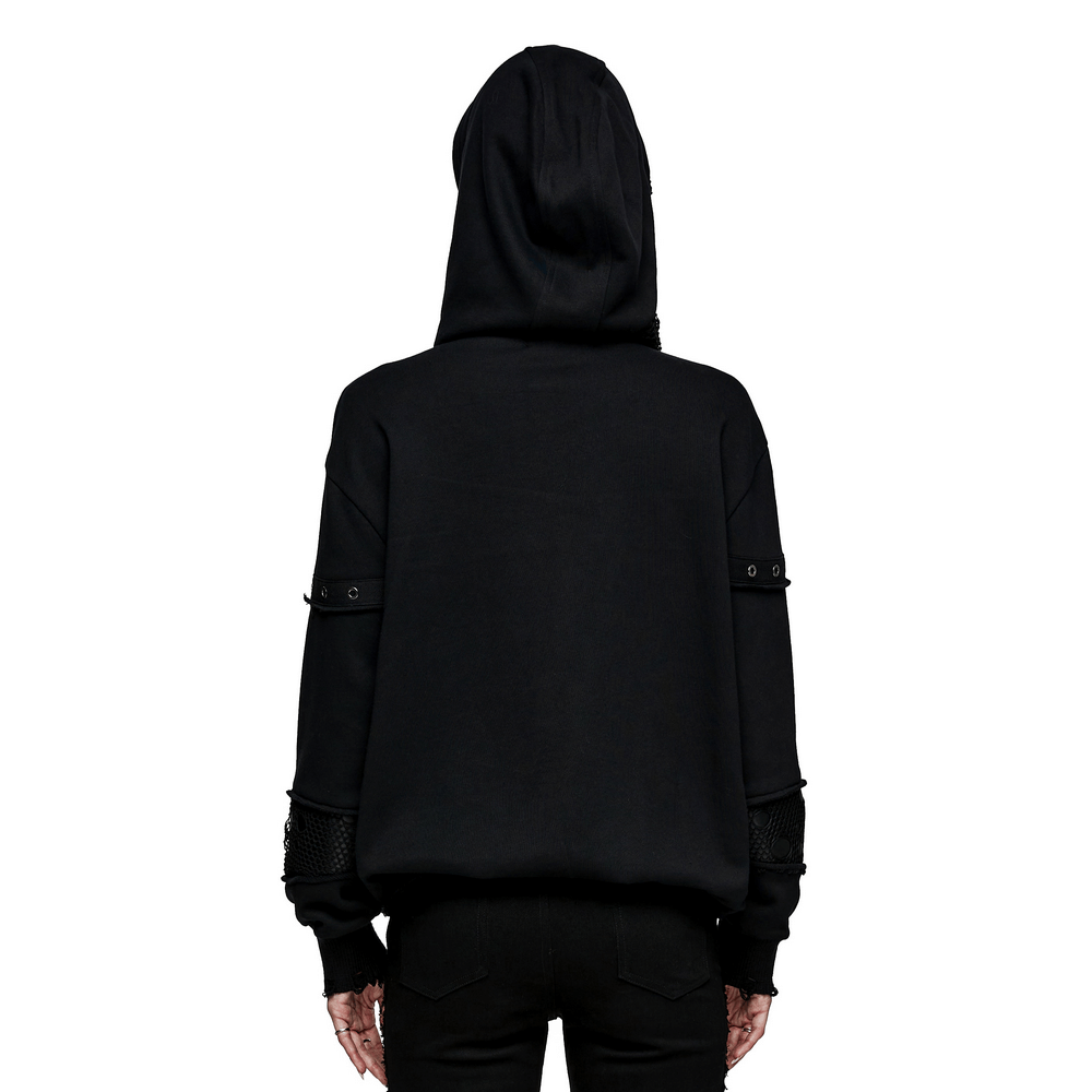 Back view of Unique Gothic Simple Hoodie with Cross Print and Coffin Buckle, showcasing its stylish relaxed fit.