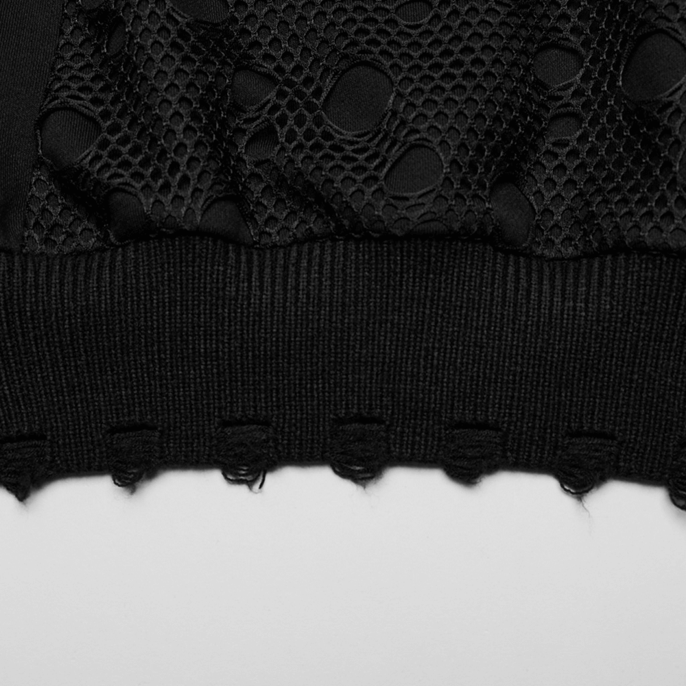 Close-up of a Unique Gothic Simple Hoodie showcasing black textured fabric and distinctive distressed hem details.