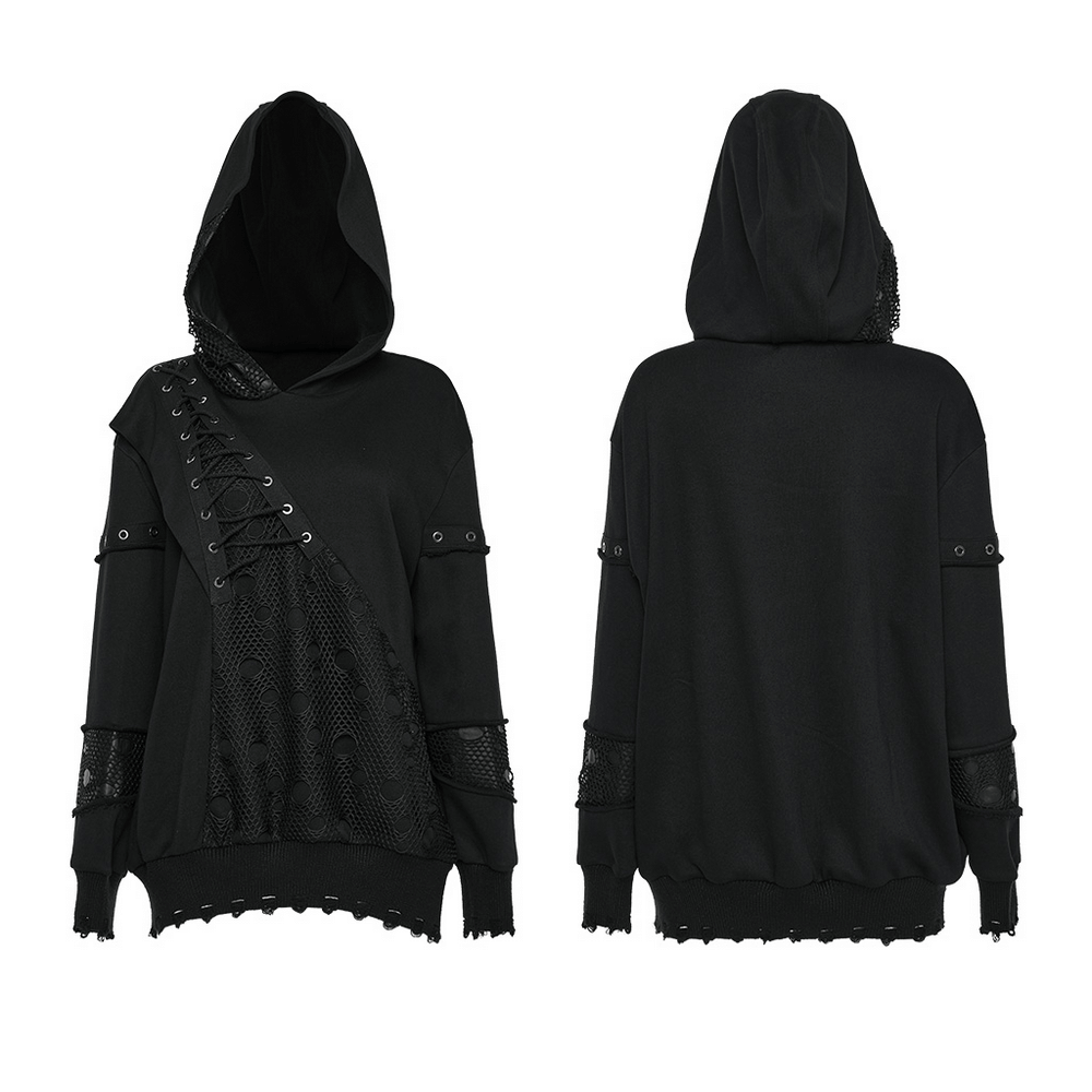 Unique gothic black hoodie with mesh details, lace-up accents, and a cozy hood for a dark stylish look.