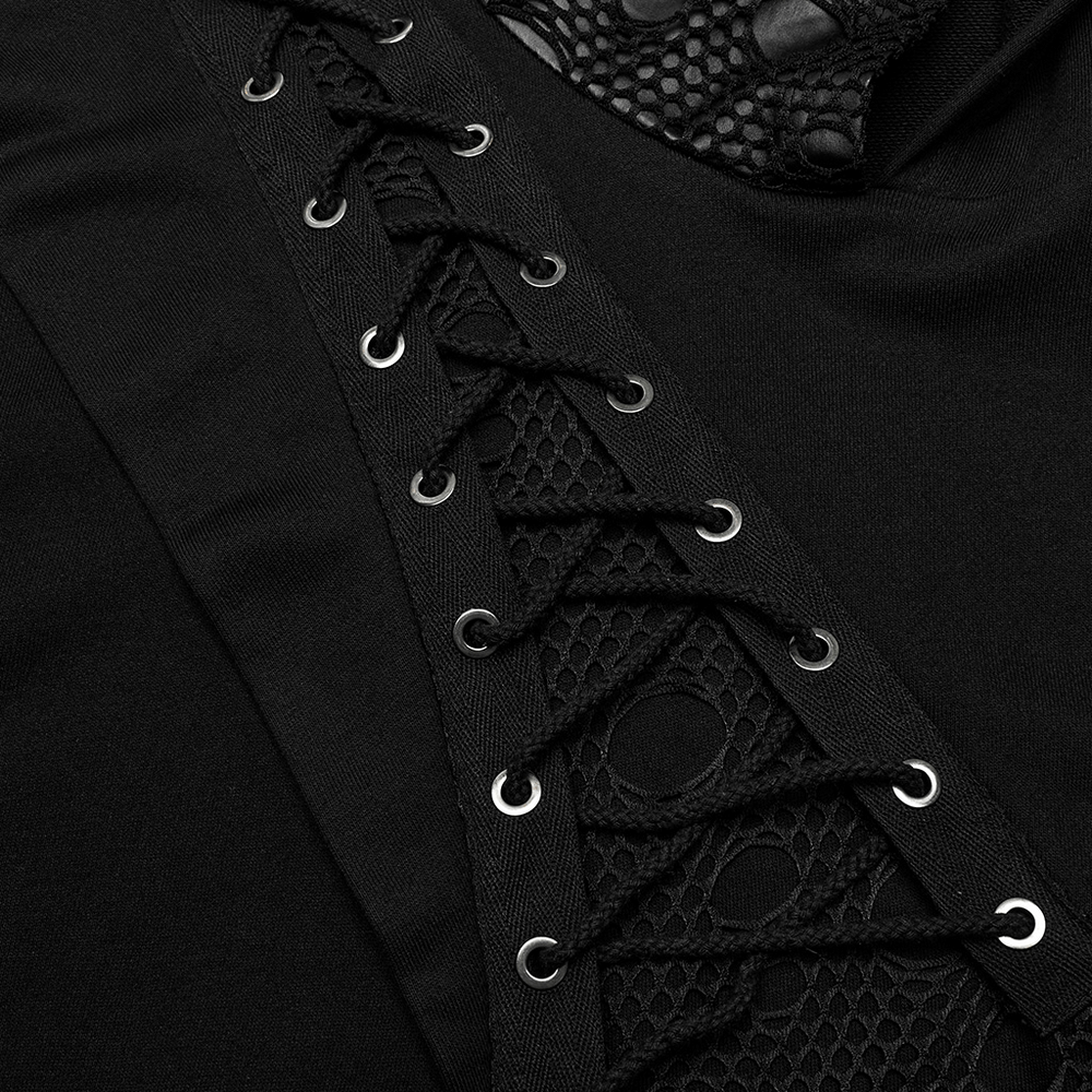 Close-up of the unique gothic hoodie showing lace-up detailing and mesh accents, perfect for dark fashion lovers.