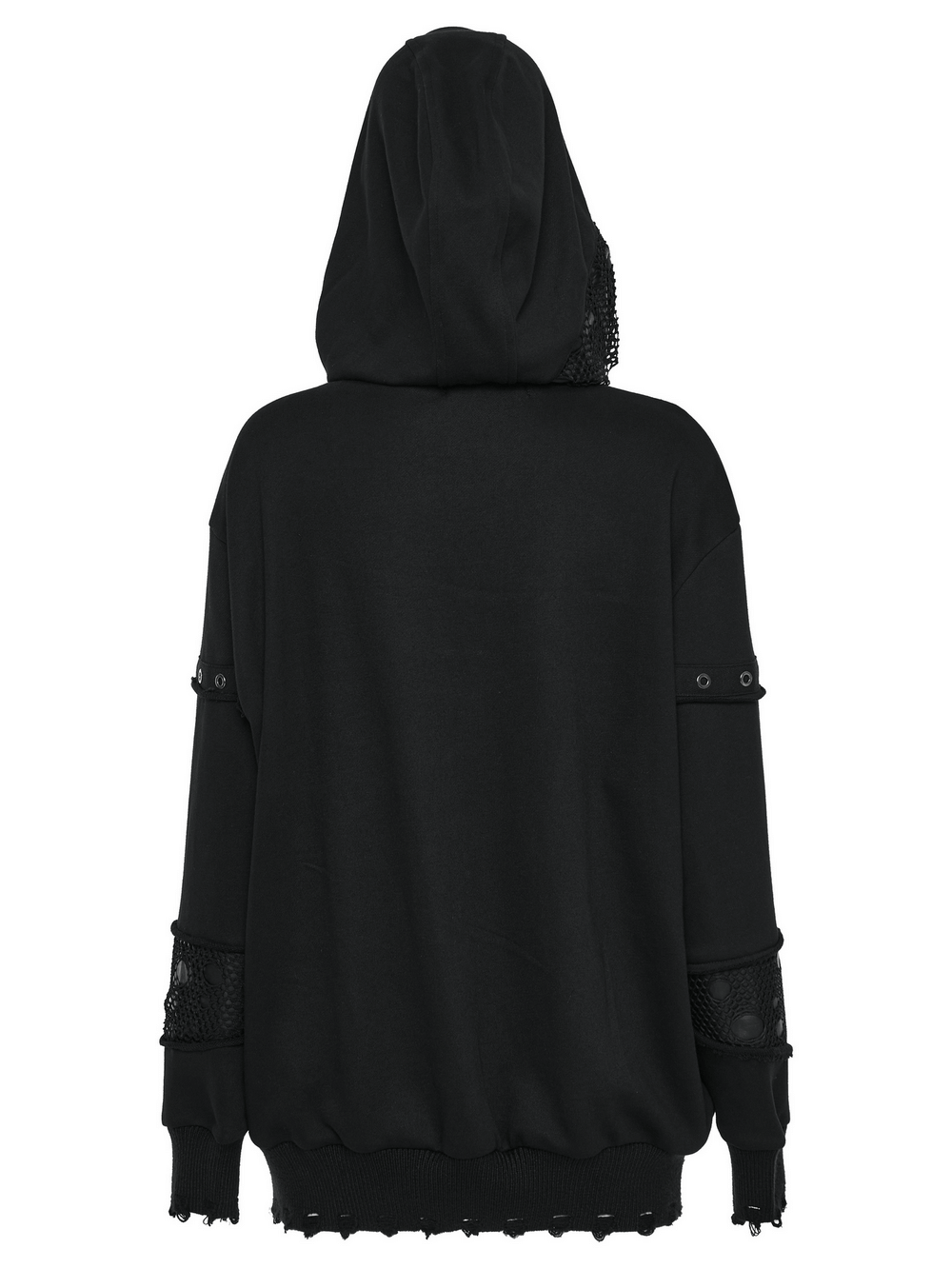 Back view of a unique gothic hoodie featuring a hood and decorative details, perfect for a dark, stylish outfit.