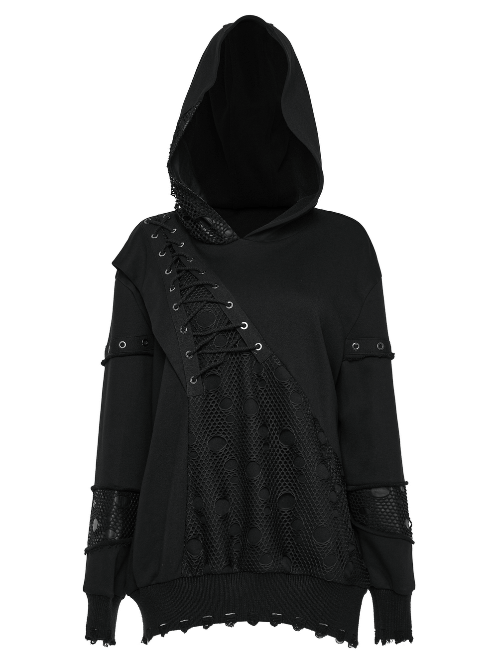 Unique black gothic hoodie with lace-up design and mesh details, perfect for a dark, edgy fashion statement.