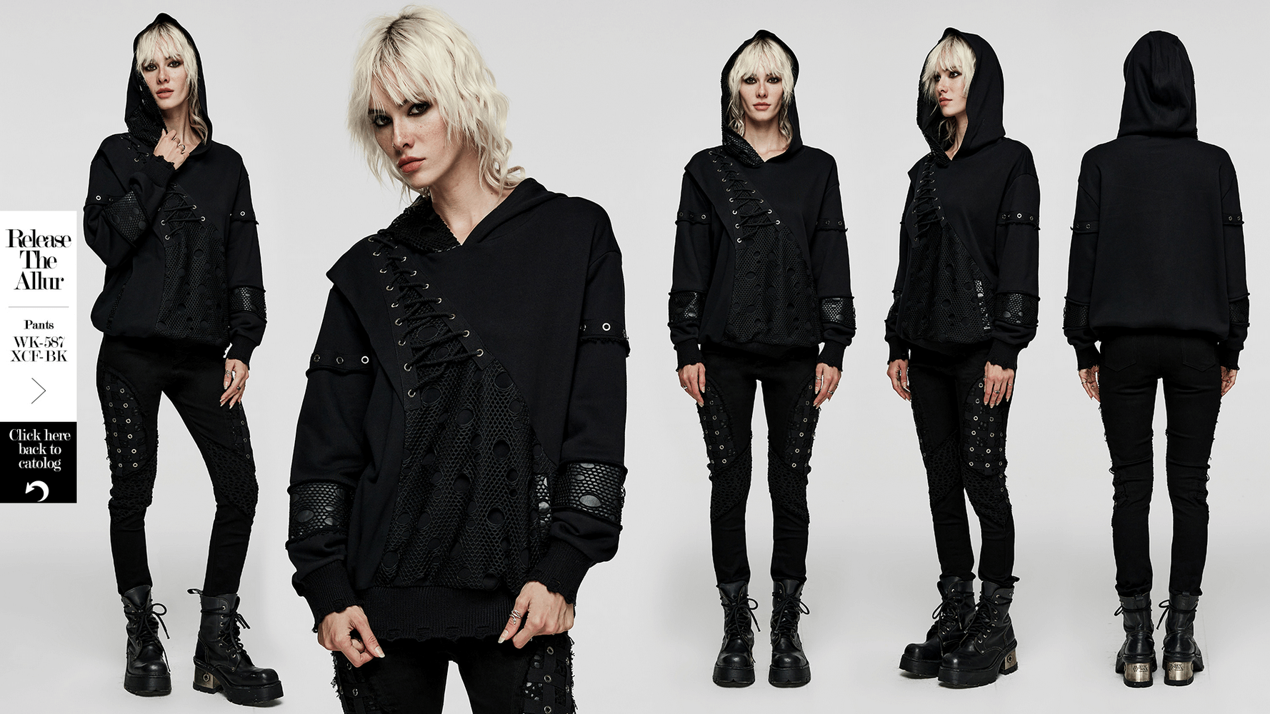 Gothic black hoodie with unique design and mesh accents, paired with stylish black pants and combat boots.