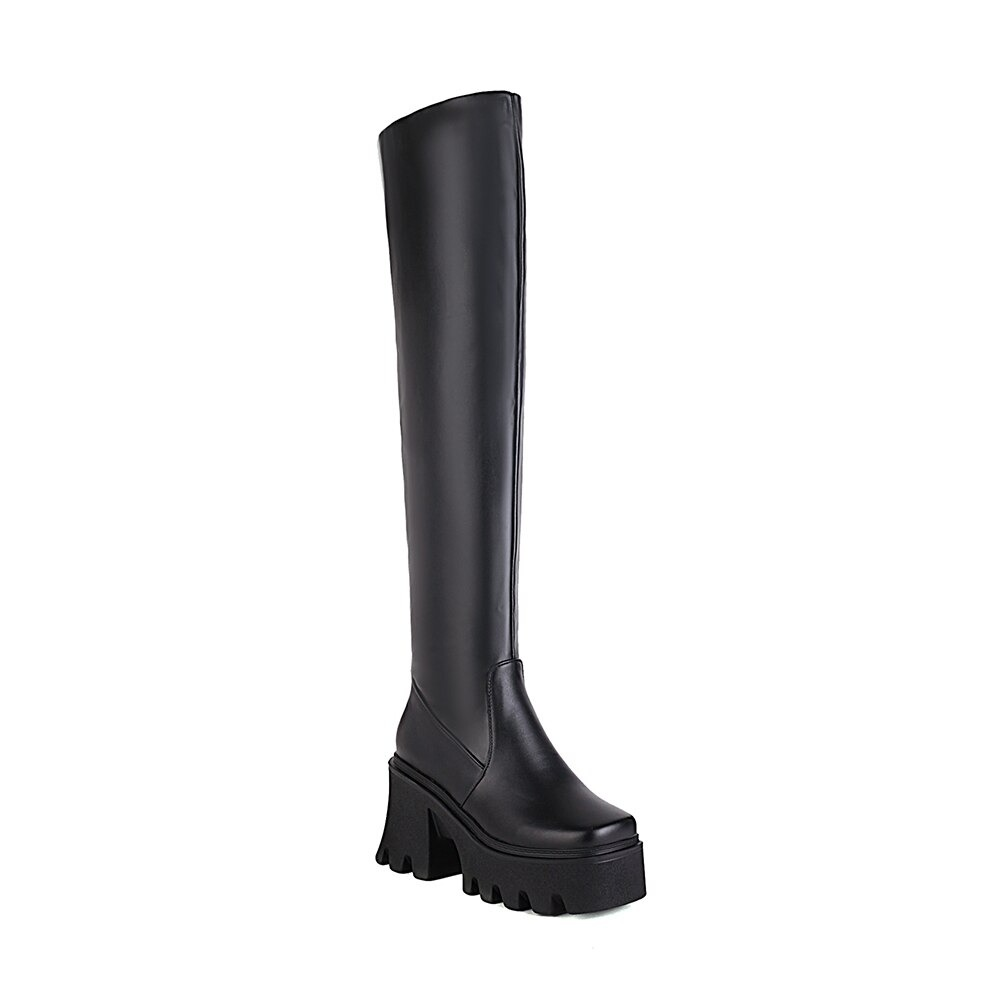 Unique Over the Knee High Women Boots / PU Leather Boots with Fretwork Heels and Square Toe - HARD'N'HEAVY