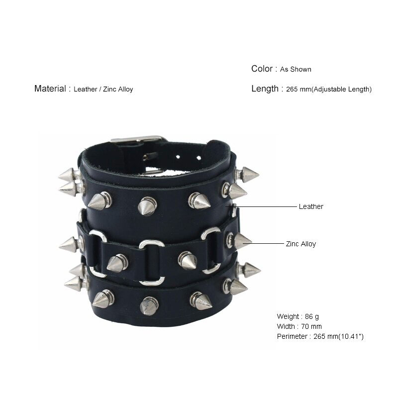Unique Three Row Cuspidal Spikes Rivet Stud Wide Cuff / Gothic Leather Bracelet / Punk Rock Unisex Bangle - HARD'N'HEAVY