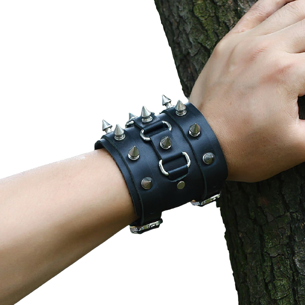 Unique Three Row Cuspidal Spikes Rivet Stud Wide Cuff / Gothic Leather Bracelet / Punk Rock Unisex Bangle - HARD'N'HEAVY