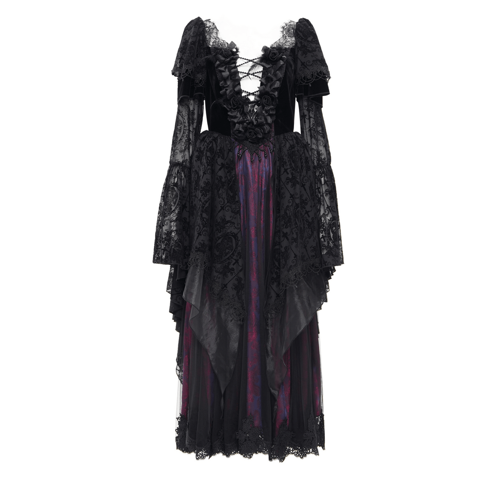 Unique Gothic Victorian lace dress with ruffled sleeves, corset bodice, and layered skirt in elegant black.