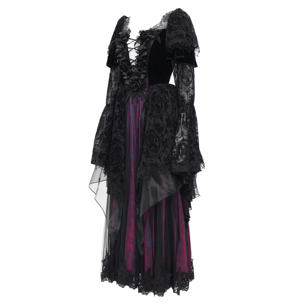 Elegant Gothic Victorian lace dress with ruffled sleeves and layered skirt, perfect for dramatic occasions.