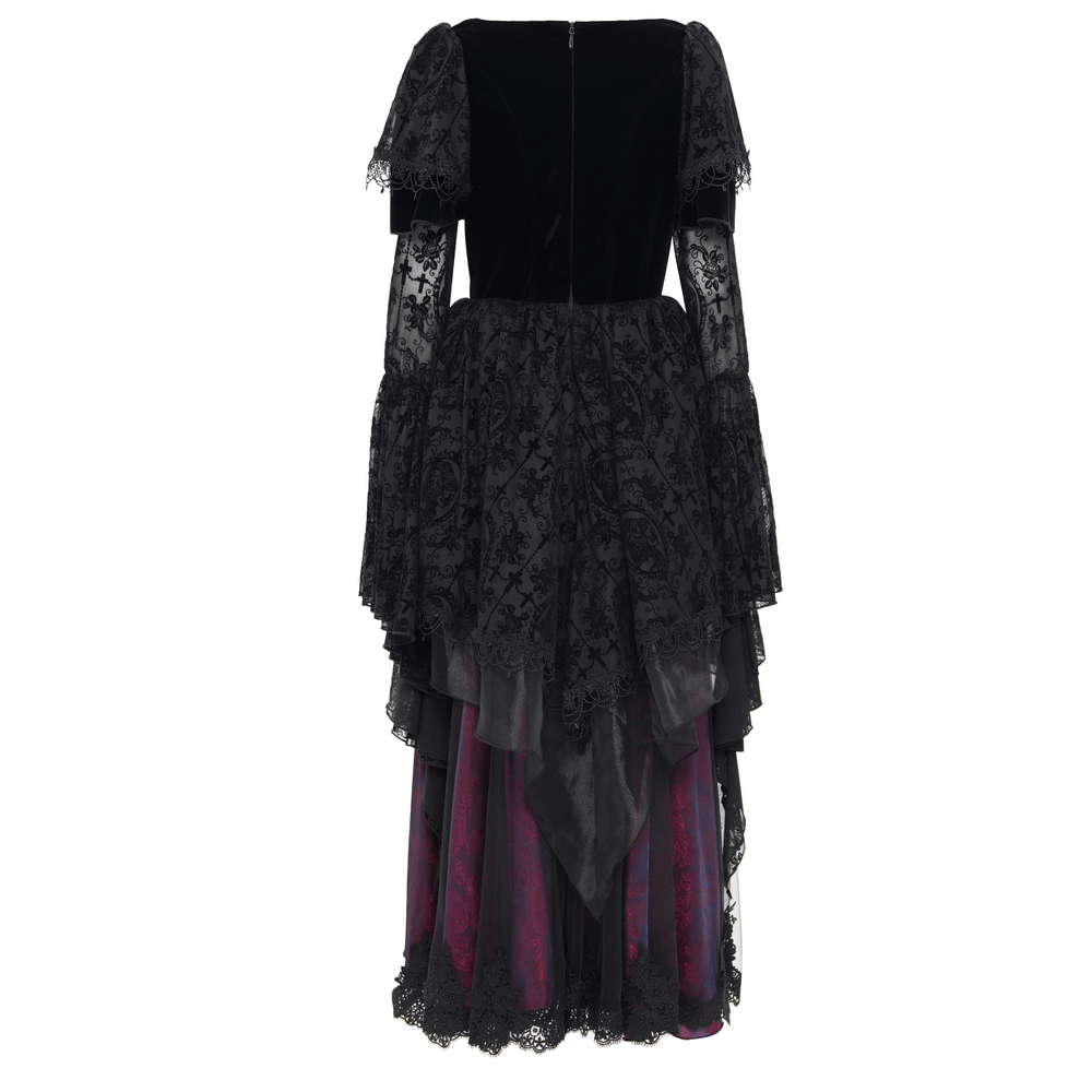 Elegant back view of a unique Victorian lace dress with ruffled sleeves and dramatic layered skirt. Perfect for gothic style.