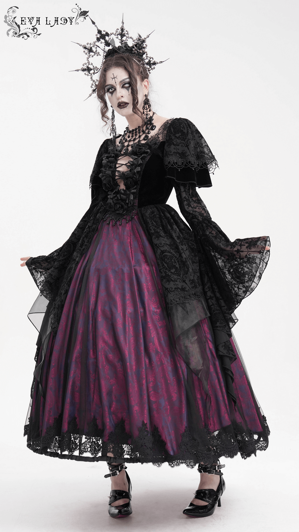 Elegant Gothic Victorian lace dress with ruffled sleeves and layered skirt, perfect for dark aesthetic enthusiasts.