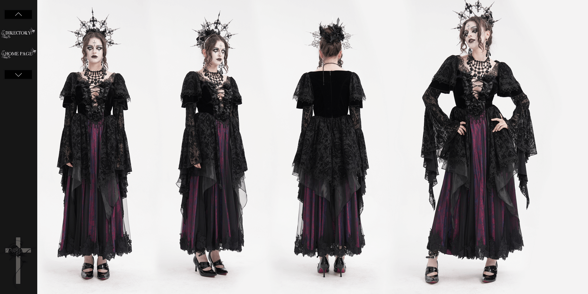 Unique Victorian Gothic Lace Dress with Ruffled Sleeves and Dramatic Layered Skirt, Perfect for Special Occasions.