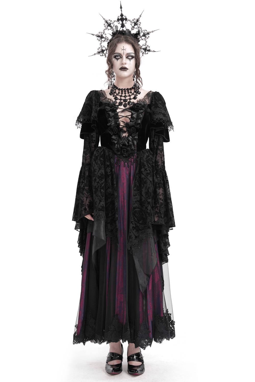 Elegant Gothic Victorian lace dress with ruffled sleeves and dramatic layered skirt, perfect for dark fashion lovers.