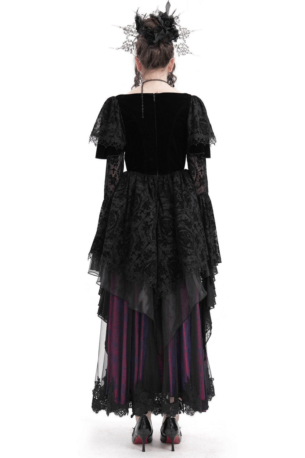 Elegant Gothic black lace dress with ruffled sleeves and layered skirt, perfect for unique Victorian fashion enthusiasts.